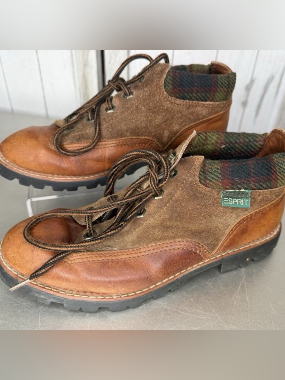 Vintage Espirit Glacier Brown Leather Upper Plaid 90s Ankle Boots Size 7.5